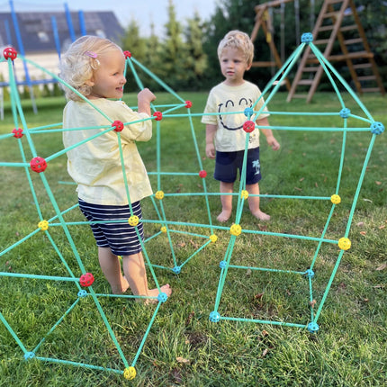 Woopie „Construction Set“ – 128 dalių statybų rinkinys su vamzdeliais, jungtimis ir audiniu palapinei