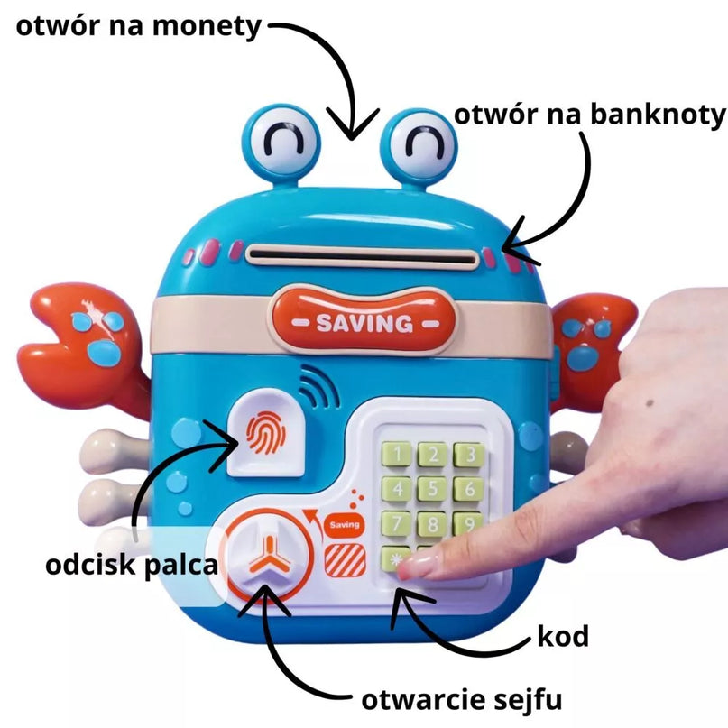 WOOPIE elektroninis taupyklės seifas bankomatui su PIN prieigos kodu, krabo formos kuprinė, mėlyna