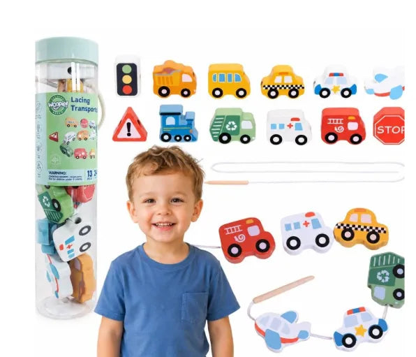 Woopie Green medinė vėrimo dėlionė „Transportas“ su 13 elementų ir virvele