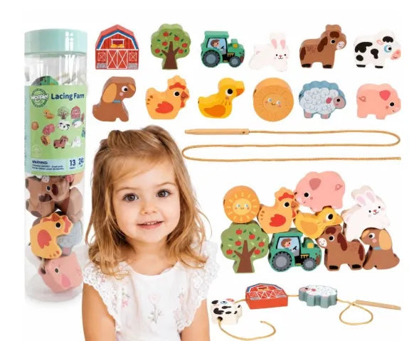 Woopie Green medinė vėrimo dėlionė „Ūkis“ su 13 elementų ir virvele