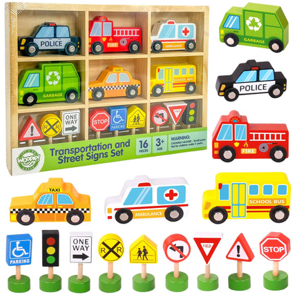 Woopie Green medinės transporto priemonės ir kelio ženklai