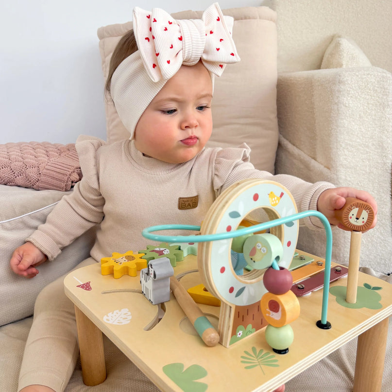 „WOOPIE GREEN“ medinis edukacinis muzikinis sensorinis staliukas – labirintas 5-in-1.