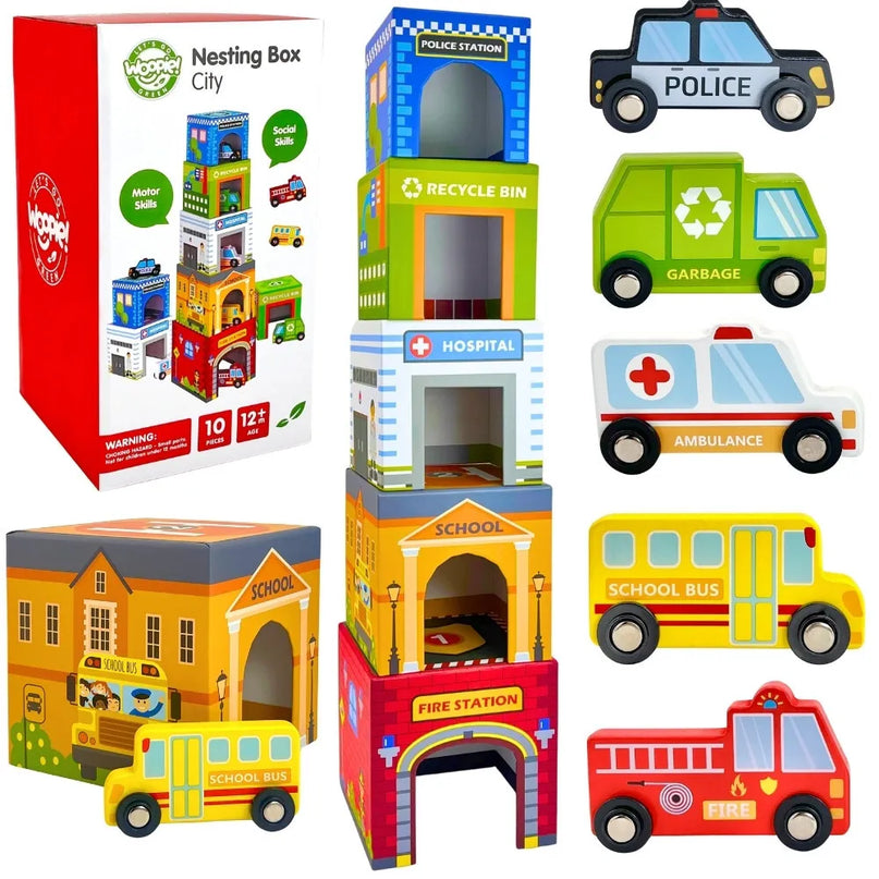 WOOPIE GREEN medinių miesto kaladėlių rinkinys su 5 transporto priemonėmis
