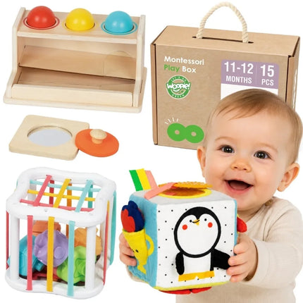 Woopie Green Montessori edukacinis rinkinys 5in1 (11–12 mėn.) – jutiminiai atradimai ir pirmieji loginiai žingsniai