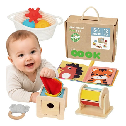 WOOPIE GREEN XXL Montessori edukacinė sensorinė dėžė 6 viename, 13 dalių, 5–6 mėn. kūdikiams
