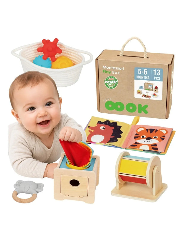 WOOPIE GREEN XXL Montessori edukacinė sensorinė dėžė 6 viename, 13 dalių, 5–6 mėn. kūdikiams