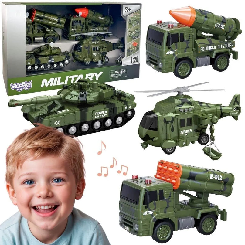 Woopie karinės technikos rinkinys 1:20 – tankas, sraigtasparnis ir raketinės sunkvežimio misijos