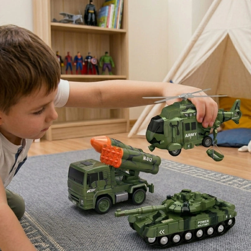 Woopie karinės technikos rinkinys 1:20 – tankas, sraigtasparnis ir raketinės sunkvežimio misijos