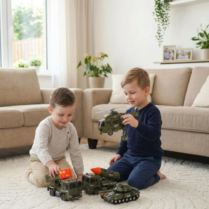 Woopie karinės technikos rinkinys 1:20 – tankas, sraigtasparnis ir raketinės sunkvežimio misijos