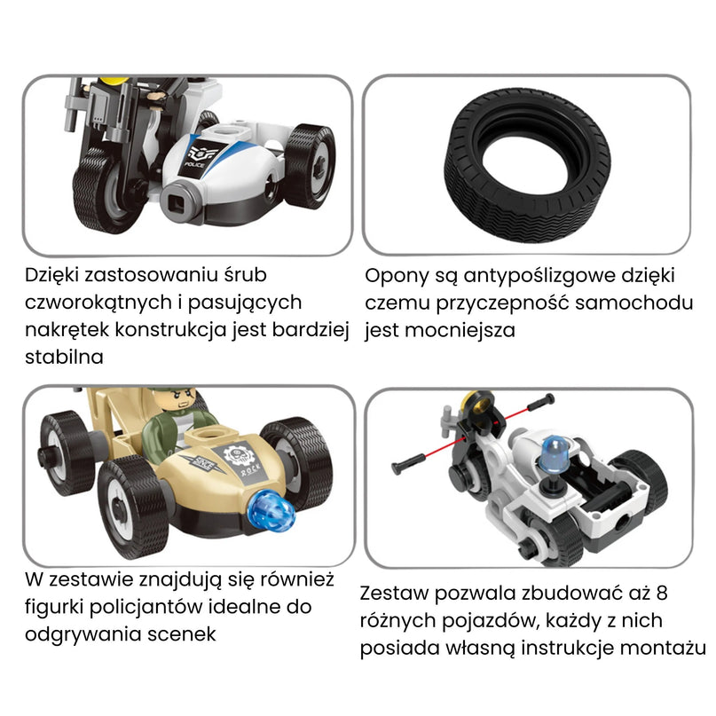 Woopie kūrybinis policijos transporto konstruktorius „Sukurk 8 modelius“