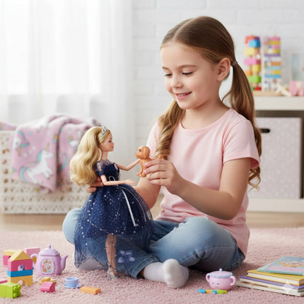 Woopie lėlė Emilka su šuneliu ir tamsiai mėlyna suknele
