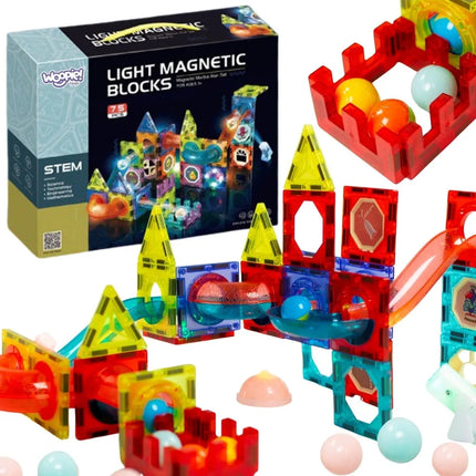 Woopie magnetinės kaladėlės su šviečiančia rutuliukų trasa – 75 el.