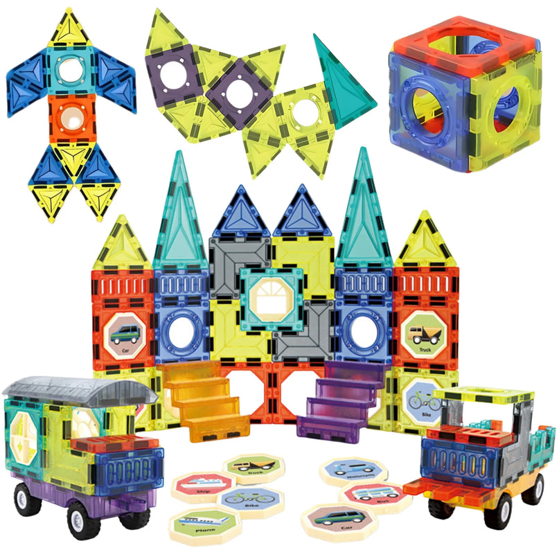 „WOOPIE“ magnetinių 3D kaladėlių rinkinys – pilis ir transporto priemonės (71 vnt.)