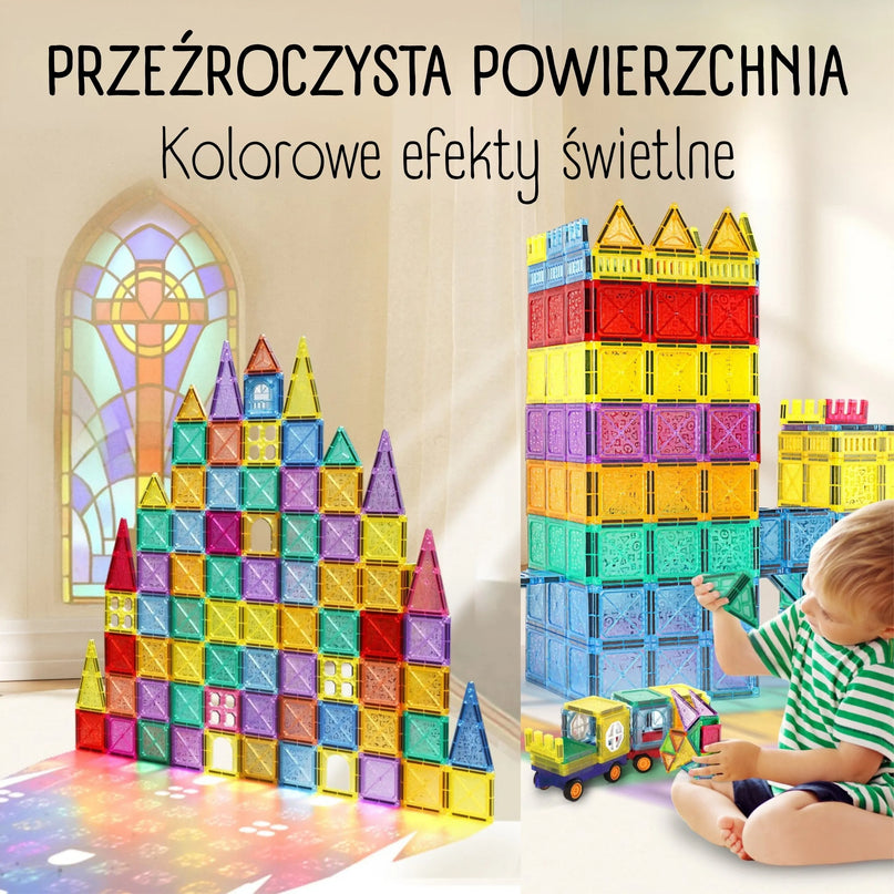 „WOOPIE“ magnetinių 3D konstrukcinių kaladėlių edukacinis rinkinys – pilis ir transporto priemonės (110 vnt.)