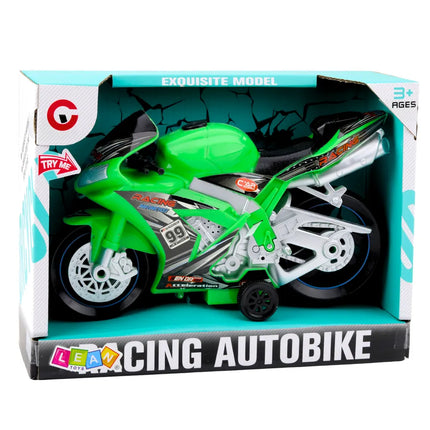 Žalias lenktyninis žaislinis motociklas su šviesomis
