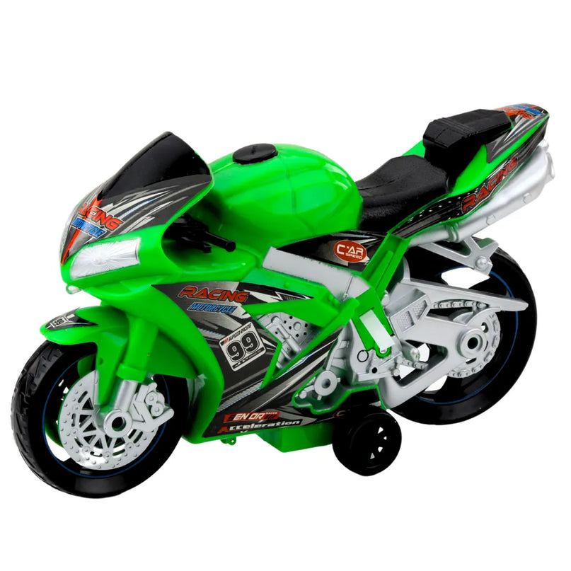 Žalias lenktyninis žaislinis motociklas su šviesomis
