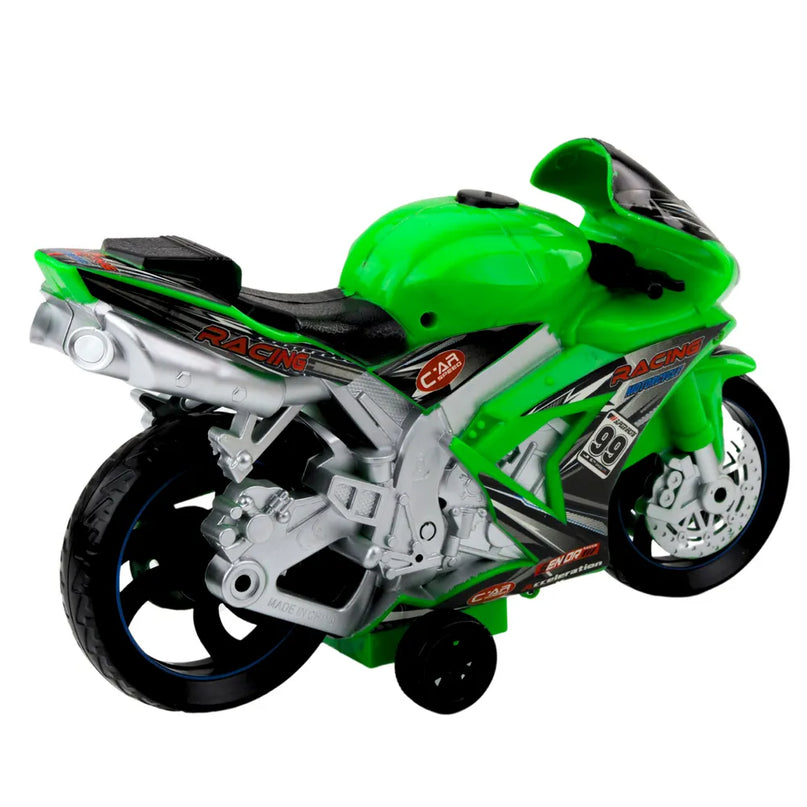 Žalias lenktyninis žaislinis motociklas su šviesomis